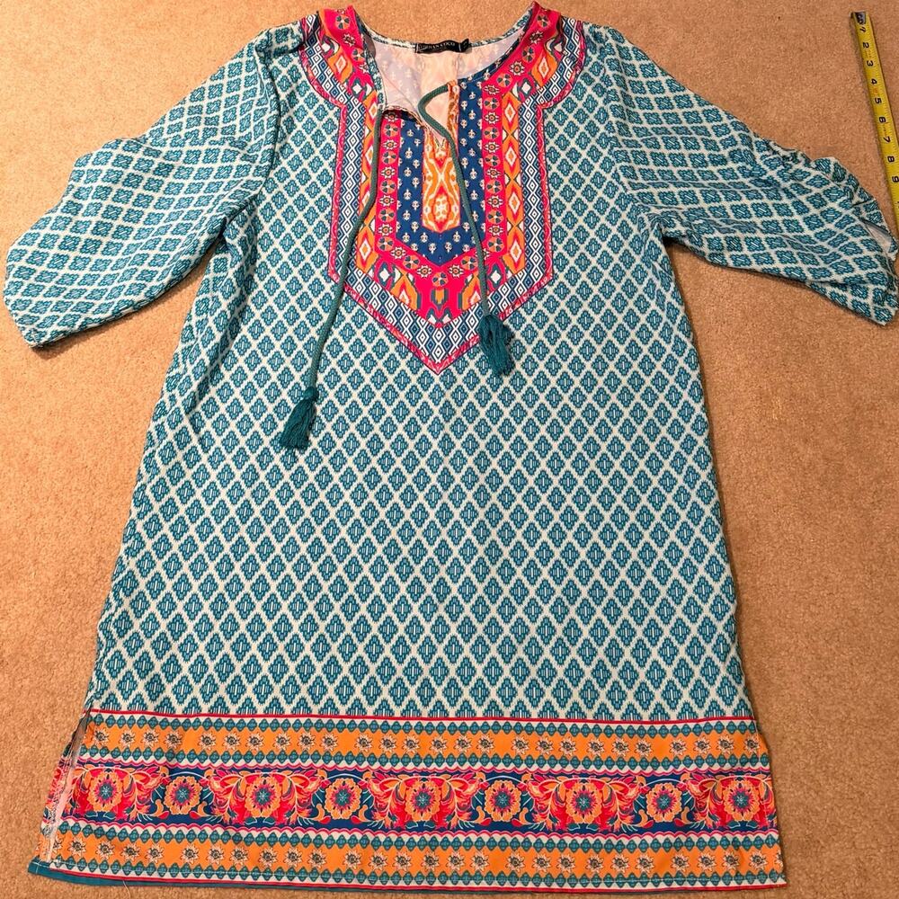 Urban Coco Boho Tunic Dress Women's Small Blue Geometric Floral Tassel Tie Neck